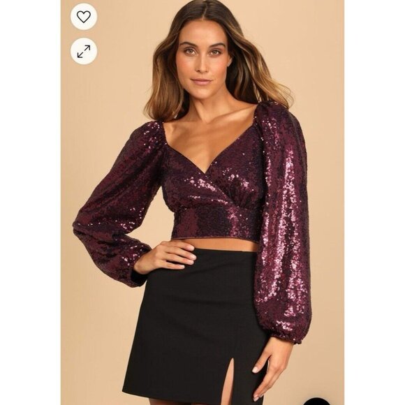Lulus Purple Wine Sequined Long Puff Sleeve Cropped Top M Medium NEW - Picture 1 of 16